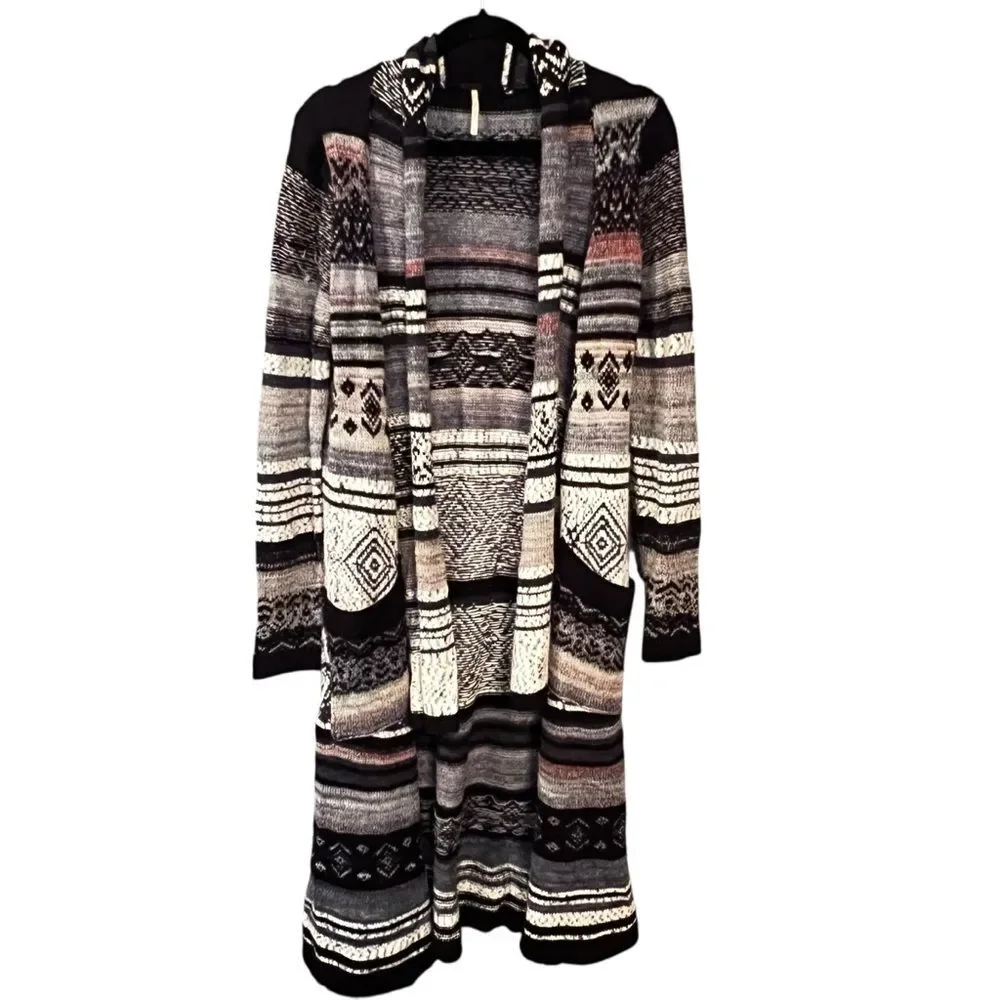 Free People Yesterdays Smile Aztec Striped Duster Boho Long Cardigan Sweater M - Picture 3 of 7